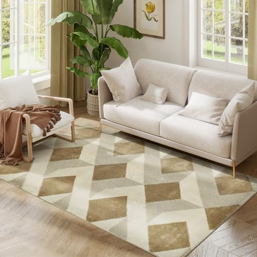 HOMCOM Alfombra Salón 170x120 cm Elementos a Cuadros Crema y Marrón | Alfombra Lavable en Lavadora Pelo Corto, para Sala de Estar Dormitorio Comedor
