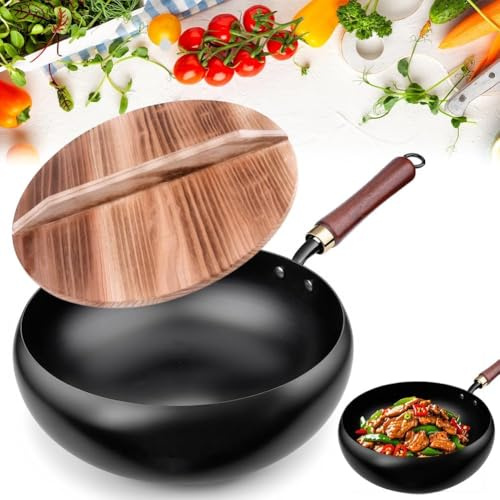 Iron Pan Non Stick, Iron Pan, Hand-Forged Woks with Lid Non Stick, Uncoated Frying Pans, Japanese Non Sticks Irons Pans with Anti-Scalding Handle for Versatile Cooking Heat Retention Searing (28cm)