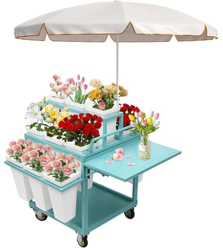 Metal Flower Cart Display Stand with 18 Buckets & Umbrellas Mobile Floral Display Stand on Wheels for Garden Patio Florist Use - Outdoor Flower