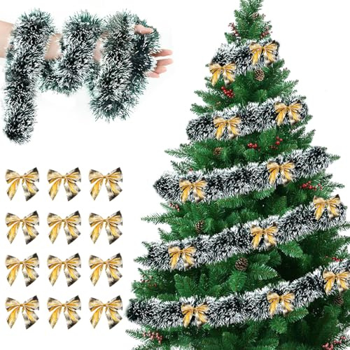 Weihnachtsgirlande Grün Weiß, Weihnachtsgirlande 2m, Girlande Weihnachtsbaum Dekoration, mit Weihnachtsschleifen Gold, für Christbaumschmuck, Treppenhandläufe, Tür und Fensterdeko (C)