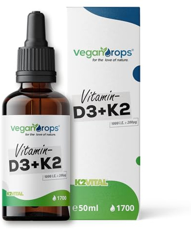 Vegan Drops® - Vitamin D3 & K2 Tropfen - 25mcg Vitamin D (1000 i.E.) & 20mcg Vitamin K2 pro Tagesdosis - 1700 Tropfen, 50ml pro Flasche - vegan, ohne Alkohol & in Deutschland