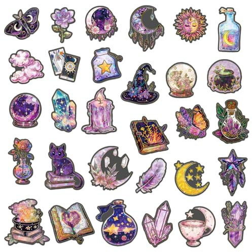 30PCS Magic Witchy Stickers - Waterproof Vinyl Holographic Sticker Decals for Scrapbooking, Journals, Laptops, Water Bottles, Phones - Gothic Halloween Witch Themed Vintage Aesthetic