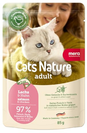 MERA Cats Nature Lachs 12x85g Katzenfutter nass ohne Zucker & Getreide | Hochwertige Rezeptur mit hohem Fleischanteil - Alleinfuttermittel, magenschonend, leicht verdaulich, Familienunternehmen
