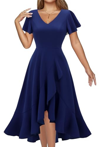 DRESSTELLS Women Cocktail Ruffle High Low Split V-Neck Wedding Guest Party Evening Prom Midi Dresses