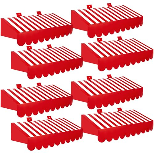8 Pcs 3D Circus Awning Wall Decorations Red and White Stripe Cardboard Awning with Sponge Adhesive Carnival Wall Decor Birthday Party Favors for Lemonade Stand Bakery Ice Cream Truck Bulletin Board