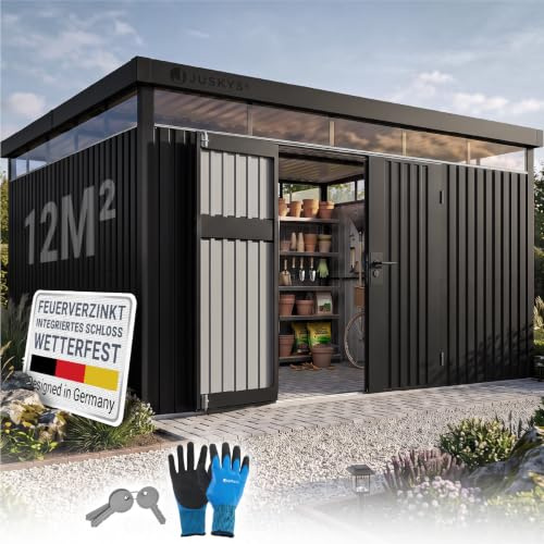 Juskys® Gerätehaus Luzern XL - 12 m² - Metall Geräteschuppen mit Türen & Fenstern - wetterfest & abschließbar - Fahrradgarage, Gartenhaus - Anthrazit