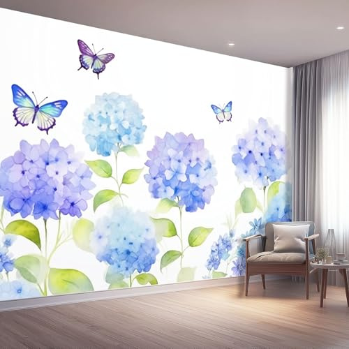 Generico Carta da Parati 250 x 175 cm（WxH, Acquerello Fiori Ortensie Farfalle per Soggiorno Camera Ristorante Camera dei Bambini e Decorazione da Parete Bianco