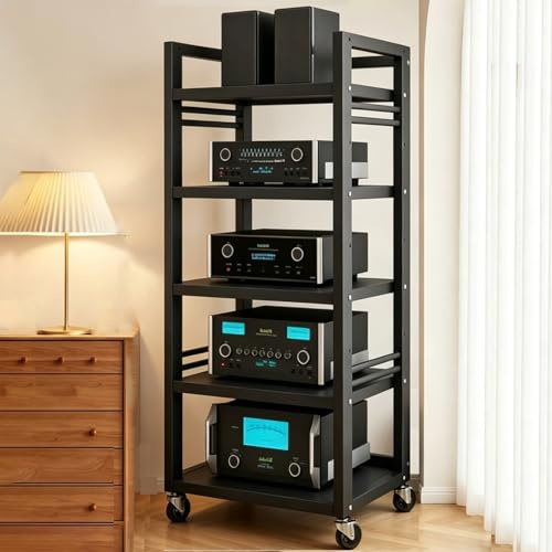 Höhenverstellbarem Regal 5/7 Lagige HiFi Rack, Universalrädern Audio-Audio-Speicherregal Verstärker-Rack Mit Ablagen, Wohnzimmer Plattenspielerständer mit Stauraum(Schwarz,5tier)