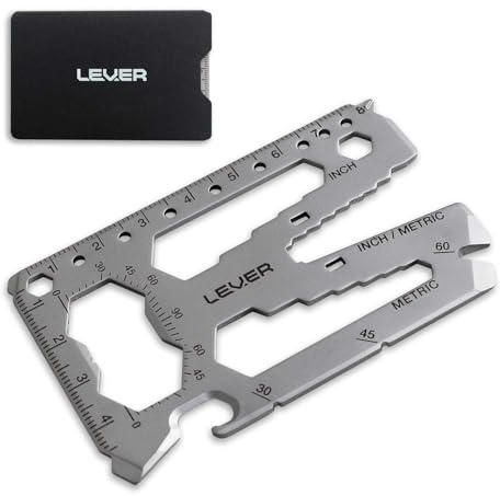 Lever Gear Toolcard Pro - Tarjeta de crédito multiherramienta 40 en 1. Elegante Cartera minimalista multiherramienta de acero inoxidable - Plata