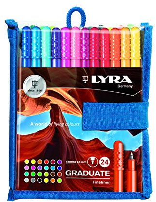 LYRA Graduate Fineliner wasserbasierte Tinte Kunststoffmappe 24 Stk. | Synthetikspitze, nicht verformbare Spitze, Strichstärke 0,5mm, Durchmesser 2mm, sortierte Farben