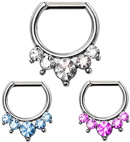 Treuheld Septum Klicker - Silber - Kristalle - Spitz [01.] - 1.2 x 6 x 10 mm - Kristalle: blau