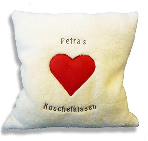 Stickerei Hartl Kuschelkissen mit Herz aus Filz und Name Bestickt, personalisiertes Plüsch Kissen, kuschelweich, individuell Bestickt mit eigenem Text, Kissen Dekokissen Zierkissen | LR-I0SI-AFRU