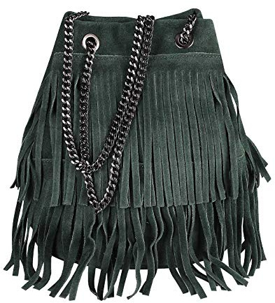 OBC Made in Italy Damen Leder Tasche Fransen Shopper Kettentasche Beutel Wildleder Handtasche Umhängetasche Bucket Bag Schultertasche Ledertasche (Dunkelgrün 20x25x19 cm)