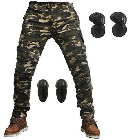 Armor QTrees Pantalon de course de motocross en denim pour moto, équitation, cyclisme, hockey, VTT, locomotive (1 pantalon de moto + 2 genouillères + 2 protège-hanches), camouflage, 44 FR=X-Large