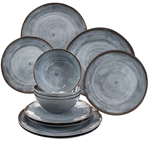 Service de Table en mélamine 4 Personnes Idéal pour Le Camping 12 pièces Gris Aspect grès