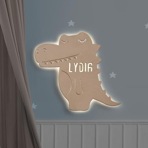 hellomini Personalisierbares LED-Nachtlicht mit Name für Kinder & Babys | Holz-Wandlampe | Schlummerlicht mit Motivwahl – Geschenk zur Geburt & Taufe (Karl das Krokodil)