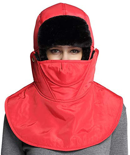 Ommda Wintermütze Ohrenklappen Wasserdicht Warme Fliegermütze Herren Damen Erwachsene Fellmütze mit Maske Kunstfell Russisch Hut für Outdoor,Rot A,Freie Größe Kopfumfang: 55-58cm