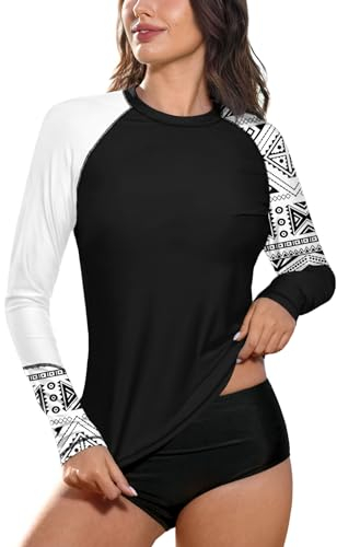 BesserBay Damen Bademode Rash Guard UV Shirts Langarm Tankini UPF 50+ Schwarz Gr.- 42 EU/XL