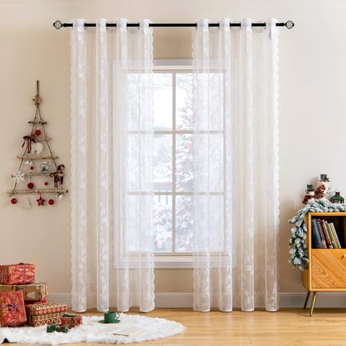 MIULEE Cortinas de Encaje-Cortinas Blancas de Encaje Bordado con Ojales, Cortina Visillo con Bordado Floral, Vintage Cortina de Voile para Salón Dormitorio Decoración, 2 Hojas 2X A150xL225cm