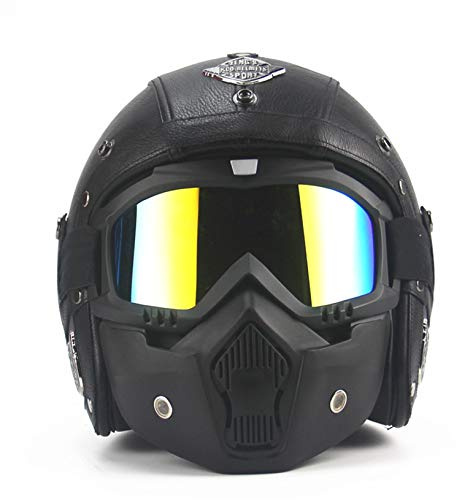 MRDEAR Motorrad Jethelme Vintage Schwarz Retro Mofa-Helm Rollerhelm Handgemachtes PU-Leder Scooter-Helm Roller Chopper Sturz-Helm Motorradhelm Damen Herren mit Visier Brille Maske,S