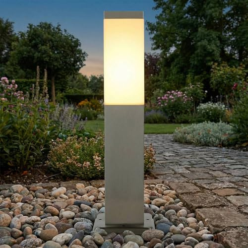 Licht-Erlebnisse Eckige Pollerleuchte BETULA Edelstahl 45 cm in Silber blendarm E27 Außenlampe Wegbeleuchtung