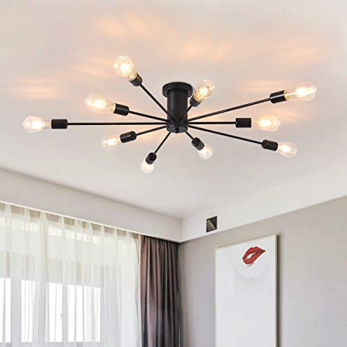 Garwarm Semi Flush Mount Ceiling Light, 10-Light Modern Black Sputnik Chandelier Industrial Ceiling Lamp for Kitchen Dining Room Living Room Bedroom Foyer Lighting Fixture