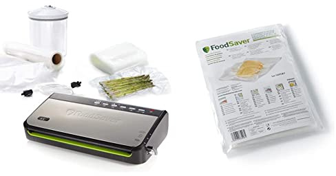 FoodSaver Máquina de vacío FFS005X con compartimiento de almacenamiento de rodillos y cortadores + Bolsas FoodSaver de envasado al vacío reutilizables precortadas | 48 bolsas (940 ml)