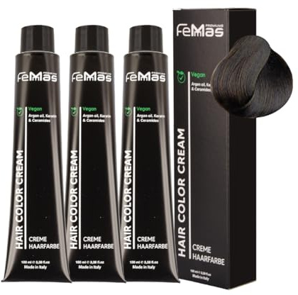 FemMas Hårfärg, mörkblond aska 6.1 3x, professionell färgkräm med arganolja, keratin och ceramider, permanent färg eller toning, strålande resultat, 100 ml
