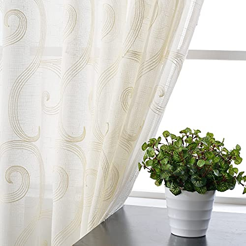 M&W DAS DESIGN Gardinenschal Leinenoptik Ösenschal halbtransparent Dekoschal Ösenvorhang Stoff Voile Bestickt Fensterschal Wolke Strich Welle Stickerei Stores Gardinen 140x245 cm beige (1 Stück)