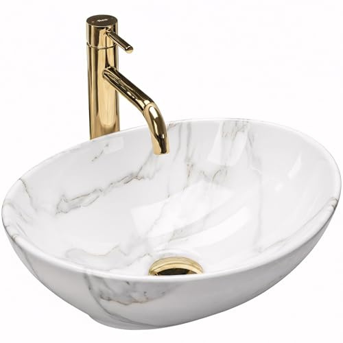 Rea Waschbecken Waschtisch Aufsatzwaschbecken Keramik Handwaschbecken Aufsatz Waschschale Oval 35x40 Marmor