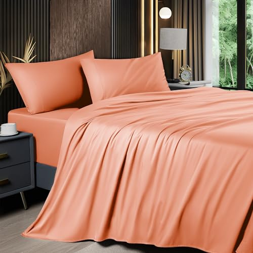 Shilucheng Set di biancheria da letto in bambù traspirante, per letto matrimoniale, 1800 fili, super setoso, con tasca profonda 40,5 cm, lavabile in lavatrice, 4 pezzi (Queen, Coral)