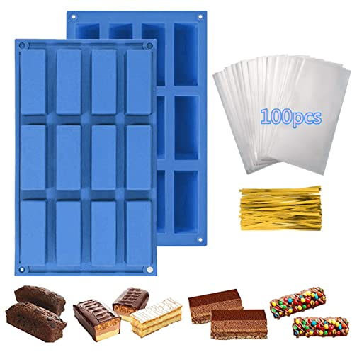 Paquete de 2 moldes rectangulares de silicona para barra de granola de 12 cavidades + 100 bolsas de golosinas, pastel de queso, mantequilla y jabón (azul)