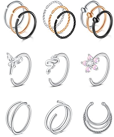 VF VFUN 18G 20G 16G Nose Hoop Rings Mixed Colors Nose Piercing for Women Men Nose Septum Rings Stainless Steel Spiral Opal Flower Nostril Piercing Nose Hoop Jewellery
