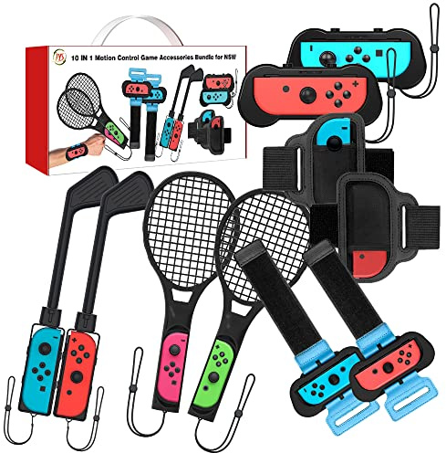Kompatibel mit Nintendo Switch Accessories 10 in 1,Switch Schutzhülle 2 Pack + Just Dance 2020 2021 und Zumba Burn It Up 2 Pack + Mario Tennis Racket 2 Pack + Golf Club 2 Pack + Sport Beingurt 2 Pack