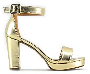 MODELISA - Sandalia Tacón Ancho Con Plataforma Fiesta Abierta PU Hebilla Al Tobillo Mujer (Oro, numeric_40)