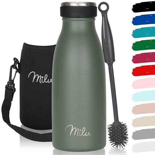Milu Edelstahl Trinkflasche 350ml, 500ml, 750ml, 1L, 1,5L – Thermosflasche für Kinder Erwachsene auslaufsicher Isolierflasche Kohlensäure geeignet– inkl. Reinigungsbürste (Olivgrün, 350ml)