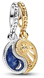 PANDORA Bicolor Teilbarer Sonne & Mond Charm-Anhänger aus Sterling Silber mit 14 Karat vergoldeter Metalllegierung, Cubic Zirkonia, Kompatibel Moments, 762678C01