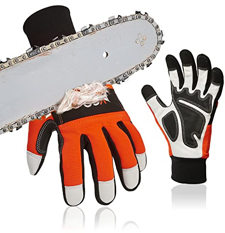 Vgo... 1Pair Chainsaw Gloves, 12-Layer Chainsaw Protection on Left Hand Back, Safety leather Work Gloves, Mechanic Gloves (L,Orange, GA9767)