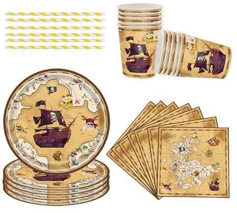 Piraten Partygeschirr Set,Das Set enthält 16 Teller,16 Papierstrohhalme,16 Pappbecher und 16 Servietten Themenparty-Dekoration for Party,Birthday Mehrfarbig