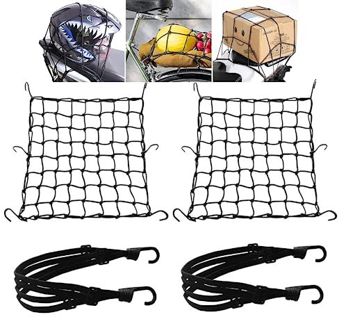 2 Piezas Red de Equipaje Elástica Moto, 40 x 40cm + 2 Piezas Cuerda de Equipaje (60cm), Red Elástica de Carga para Bicicleta Moto Cuerda Equipaje Portaequipajes Trasero Sujetar Cascos, Negro