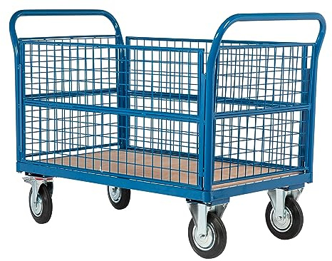 The Workplace Depot Flatbed Platform Trolley – Heavy Duty Steel, 500kg Load Capacity, Blue with Mesh Sides, 195mm Rubber Wheels – Industrial Warehouse (Base + x2 Mesh Ends & x2 Mesh Sides)