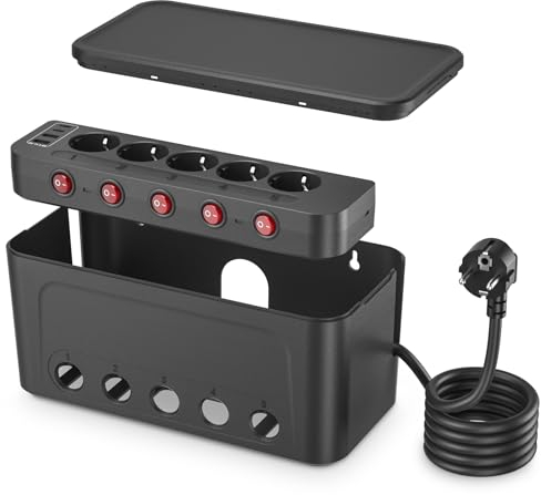 Regletas Enchufes con Caja Organizadora de Cables, Enchufe Multiple con Interruptor Independiente, Caja para Cables con Ladron Enchufes USB, Regleta 5 Tomas Proteccion Sobretension 1,5M Cable,Negro