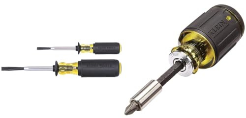 Klein Tools 85153K Slotted Screw-Holding Screwdriver Set, 3/16-Inch, 1/4-Inch Split-Blade Flat Head Driver & 32308 Multi-bit Stubby Screwdriver, Impact Rated 8-in-1 Adjustable Magnetic Tool