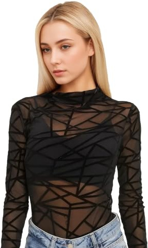 Maglia Wlertcop da donna in rete trasparente, sexy, a maniche lunghe, colore nero, leggera, in tulle, a rete, maglietta casual, Striscia M, L