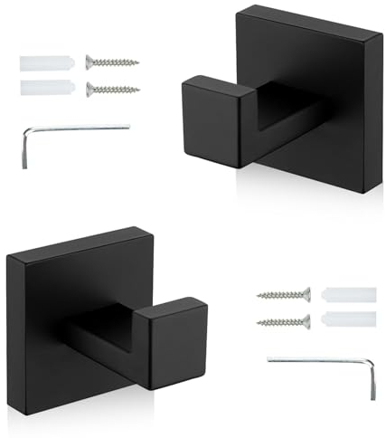 SHENGYIG 2 Stück Handtuchhaken zum Bohren, Edelstahl Handtuchhaken Schwarz Mattlack Leicht Reinigen, Wandhaken mit Schrauben Schraubenschlüssel Geliefert, Geeignet Balkon, Badezimmer, Wohnzimmer