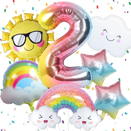 Luftballon Regenbogen Deko 2. Geburtstag Mädchen, Regenbogen Sonne Folie Luftballons, Regenbogen Sterne und Zahl 2 Folienballon für 2 Jahr Mädchen Geburtstagsdeko Regenbogen Kindergeburtstag Deko