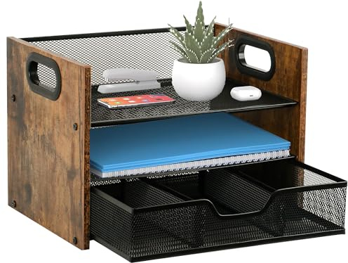 Boershun Schreibtisch-Organizer aus Holz – 3-stöckiger Schreibtisch-Organizer mit Schublade, Holz-Papierablage, Büro-Schreibtisch-Organizer und Zubehör für Papiere, Post, Notizbücher, Schreibwaren