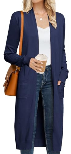 GRACE KARIN Cardigan lungo leggero da donna 2024, aperto sul davanti, a maniche lunghe, maxi spolverino con tasche, Blu navy, Large
