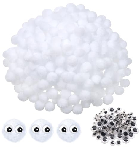 TOAOB 1000 pompon creativi bianchi 1 cm piccoli pompon morbidi con 100 occhi mobili per fai da te, forniture decorative, cucito, ghirlande di progetti e artigianato