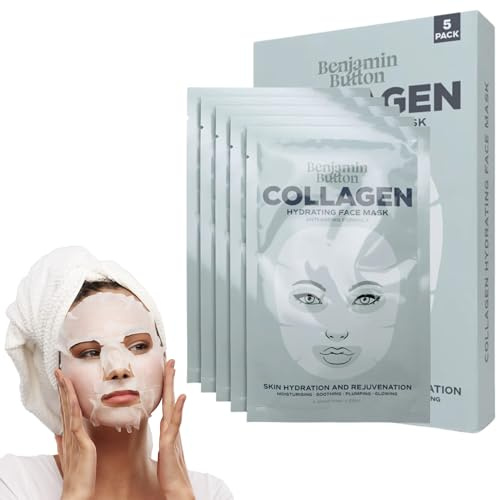Collagen Hydrating Face Mask – Moisturizing, Rejuvenating, Plumping Collagen Sheet Mask – Deep Hydration Mask for Skincare, Facial Mask for all type of Skin (Pack of 5)